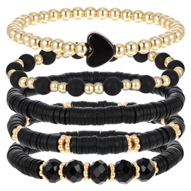 KFHENSOMR Beaded Stretch Bracelets Bohemia Multilayer Heart Clay Stackable Bracelets Set for Women Clay Gold Black Beaded Stretch Bracelet for Women Men Summer Beach Boho Vacation Jewelry Gifts