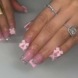 24Pcs 3D Rhinestone French Tip Press on Nails Short Square Fake Nails Pink Bow Nails Charms Full Cover Artificial Glue on Nails Bling Acrylic Nails Cute Stick on Nails Glossy False Nails for Women