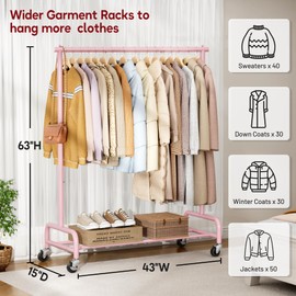 SLEEPING LAMB Heavy Duty Clothing Racks for Hanging Clothes Rack, 43" Wide Rolling Garment Rack Metal Clothing Hanger Rack with Wheels Wardrobe Rack for Coats, Shirts, Dress (Pink)