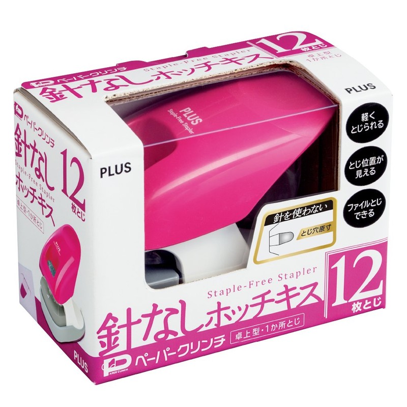 プラス ホチキス 針なしホッチキス ペーパークリンチ 卓上型 12枚綴じ ピンク 31-212