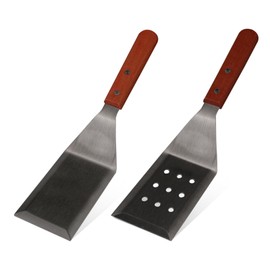 Realand Metal Spatula for Cooking Cast Iron, 2pcs Griddle Spatula Heavy Duty Stainless Steel Spatula Set, Flat Grill Spatula Fish Burger Spatula Turner for Kitchen Use, Strong Wooden Handle