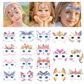 CharmeFleur 18 Sheets Face Tattoos for Children Mermaid Butterfly Face Paint Rabbit for Boys Girls Makeup Decorative Animal Tattoos for Party Bag