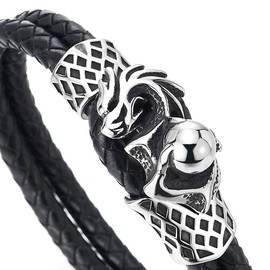 COOLSTEELANDBEYOND Punk Stainless Steel Dragon Ball and Double Row Black Braided Leather Bracelet, Men's Wrap Sweatband, Leather, Non-applicable