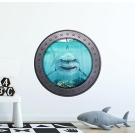 Great White Shark in Shallow Water Ocean Porthole Window Wall Sticker Removable Fabric Wall Decal (12" Tall x 12" Wide)