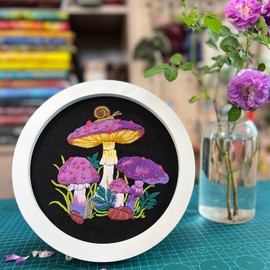 JSRQT Embroidery Starter Kit for Beginners Adults,Purple Mushroom Pattern DIY Handmade Sewing Counted Cross Stitch Set with Embroidery Hoop and Needle Thread