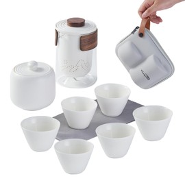 WILVENTEX Gongfu Tea Sets, Portable Ceramic Tea Set with Travel Bag, Asian Tea sets with 6 cpus for Home, Outdoor, Tea time, Tea gift, Office, Grey Travel Bag
