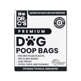 Certified 65% PCR (Post Consumer Recycled) Plastic and 35% Plant Based Dog Poop Bags - Dr. C's Premium Dog Poop Bags - 270 Bags / 18 Rolls, Extra thick, Leak Proof, Unscented, Earth Friendly