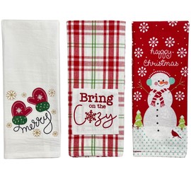 Holiday Christmas Kitchen Bath Dish Hand Towels: Bring on The Cozy 3 Pc Flat Weave Design, Red White, 100% Cotton 15" x 25" for Hands, Dishes or Home Decor
