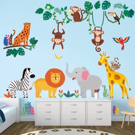 DECOWALL DSL-8057 Jungle Animals Wall Stickers Safari Giraffe Cheetah Monkey Decals Removable for Nursery Kids Bedroom Playroom Living Room décor