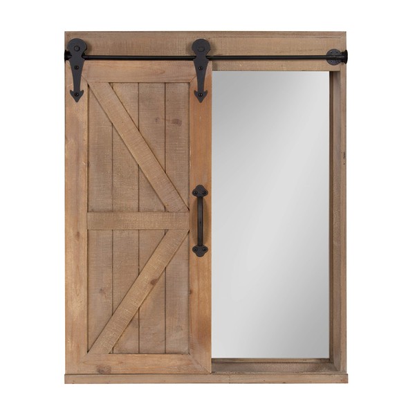 Kate and Laurel Cates Decorative Wood Wall Storage Cabinet with Rectangle Mirror and Sliding Barn Door, 22 x 28, Rustic Brown, Farmhouse Decor for Wall Storage