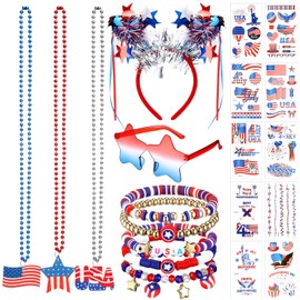 20 Pcs 4th of July Party Favors Accessories Include 1 Pc Headband, 3 Pcs Red White Blue Beaded Necklaces, 1 Sunglasses, 5 Pcs Bracelets, and 10 Stickers for Independence Day Memorial Day Celebrations