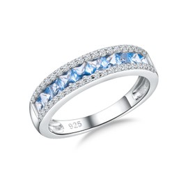 RANDES Blue Topaz Band Rings for Women 925 Sterling Silver Channel Set Princess Cut Eternity Band December Birthstone Ring Size 8