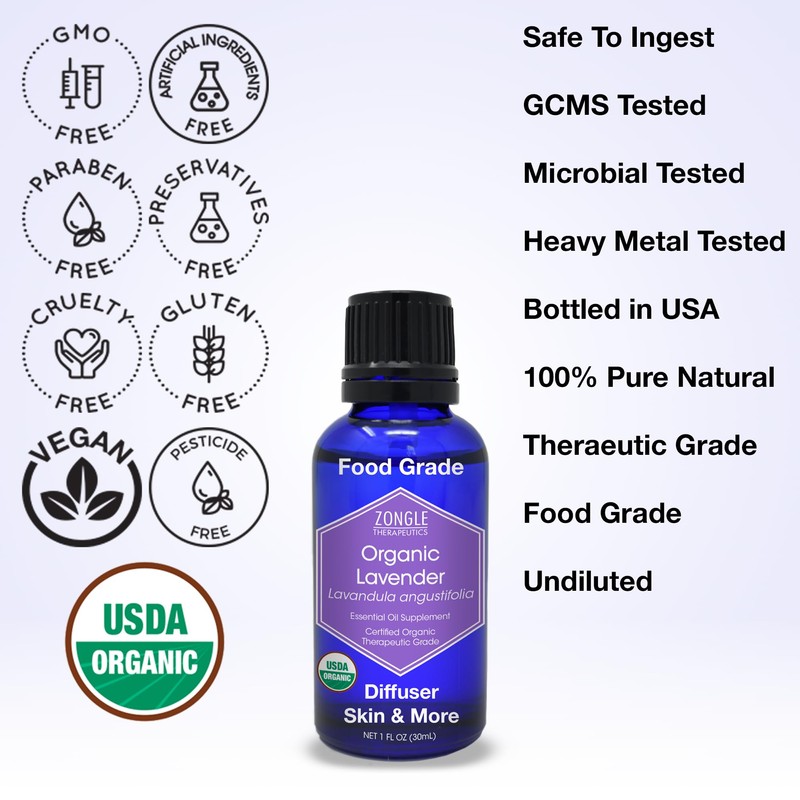 Organic, Lavender Essential Oil, Food Grade, for Drinks, Skin, Hair