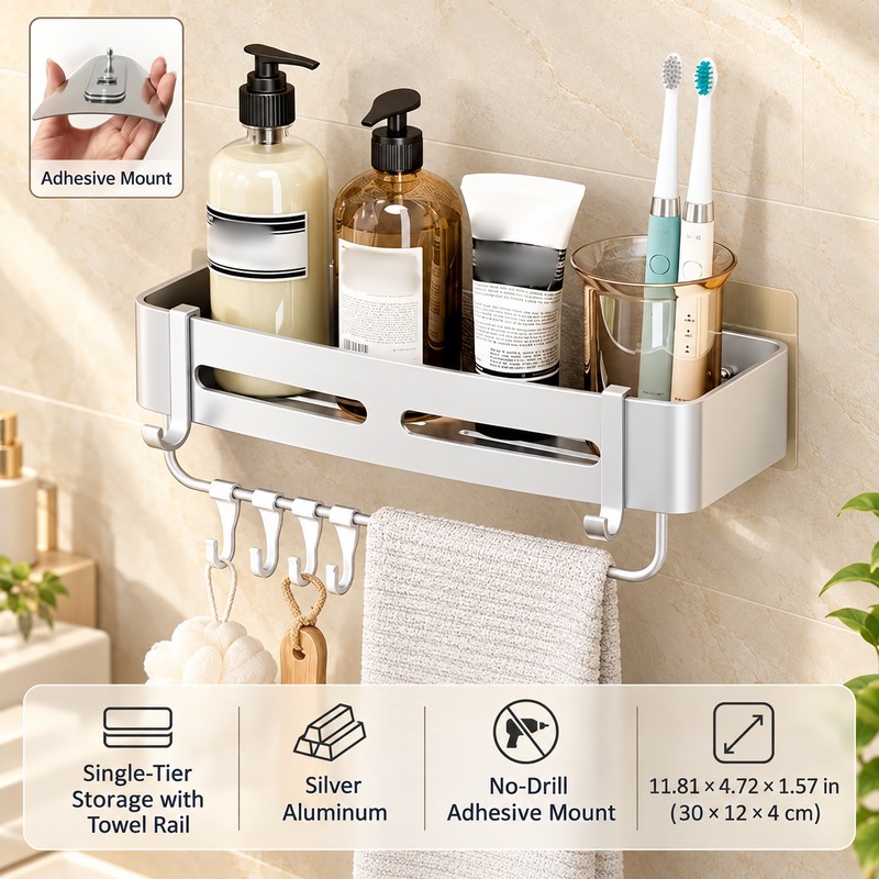 Aluminum Shower Caddy for Bathroom Storage – No-Drill Wall-Mounted Organizer