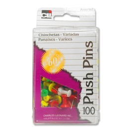 Charles Leonard Push Pins, Assorted Colors, 100-Pack (200-AR)