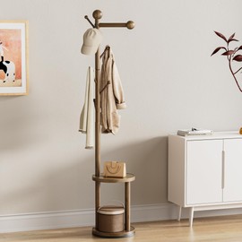 Solid Wood Rotary Coat Rack, Freestanding 360° Swivel Coat Rack with Heavy-Duty Base, 8 Hooks & 2-Tier Shelves for Entryway, Bedroom, Office, Standing Coat Tree for Jackets, Hats, Bags (Walnut)