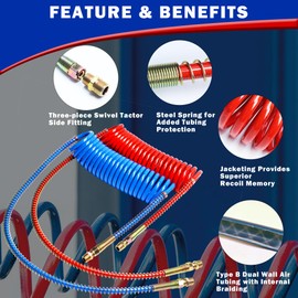 Vitonsbay Coiled Air Set Line Assemblies,Red & Blue Truck Trailer Coiled Airline Kit for Semi Truck Tractor Trailer,1/2" NPT Fittings(12' Length：1 X 12 1 X 40 Leads