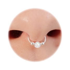 Faux Septum Piercing Ring White Opal - 20 Gauge Septum Nose Ring - 925 Sterling Silver Fake Septum Hoop Jewelry – 8mm Dainty Non Piercing Septum Hoops – Hypoallergenic Nose Silver Jewelry Women Men