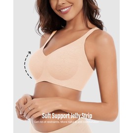Women's Seamless Bras No Underwire V Neck Wireless Bralettes with Soft Support Full Coverage Push Up Bras Floral Collection, Nude, M