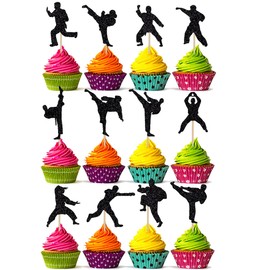 bd1 BIABISD 24 Piece Karate Cupcake Toppers Taekwondo Themed Cupcake Toppers Karate Happy Birthday Party Supplies Shiny Black Decorations