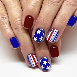 Mkwntg 4th of July Press on Nails Short Square Fake Nails Glossy Red Blue Solid Color Glue on Nails Independence Day American Flag Stripes Design Full Cover Acrylic Nails for Women Girls 24Pcs
