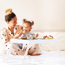 Bamboo Bed Tray Table with Foldable Legs, Breakfast in Bed Tray for Eating, Kitchen Serving Trays, Folding Table for Sofa, Beds, Eating, Working, Used As Laptop Desk Snack Trays, White