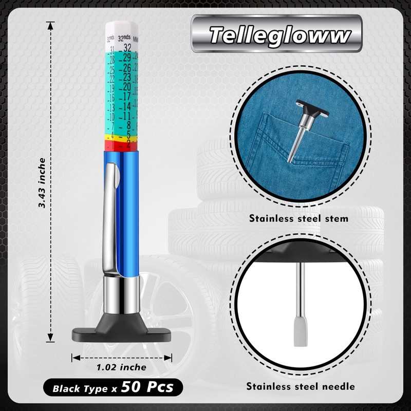 Tellegloww 50 Packs Tire Tread Depth Gauge Color Coded Tyre