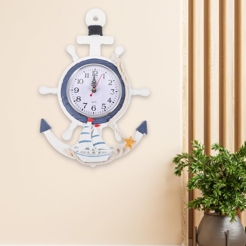 Mediterranean Style Anchor Clock Beach Sea Theme Nautical Ship Wheel