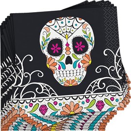 Vibrant Multicolored Skull Day of the Dead Beverage Napkins - 24ct - Perfect for Festive Celebrations