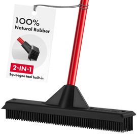 Pet Hair Remover Rubber Broom with Built in Squeegee - Carpet Rake for Pet Hair Removal on Hardwood Floor, Carpet & Tile - Picks Up More Dust & Debris - Rinse to Clean