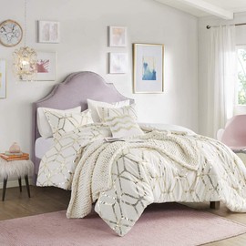 Comfort Spaces Vivian Comforter Set Ultra Soft All Season Lightweight Modern Geometric Glam Metallic Print Bedding, Matching Sham, Decorative Pillow, Twin/Twin XL, Geometric Ivory/Gold