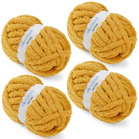 Chunky Chenille Yarn for Crocheting, Chunky Yarn for Hand Knitting Blanket, Bulky Chunky Fluffy Yarn for Crocheting, Jumbo Yarn, Thick Yarn, Pack of 4 (4 Skeins, Each Skein 28 yds, 8oz) Mustard Yellow