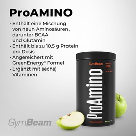 GymBeam GymBeam ProAMINO - BCAA Aminos?uren, Komplex aus neun Aminos?uren, Arginin und Beta-Alanin. Enth?lt 10,5 g Protein pro Dosis und ist angereichert mit der GreenEnergy? 390 g Green Apple