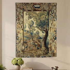 Antique French Tapestry, Renaissance Court Wall Decor 39x56in