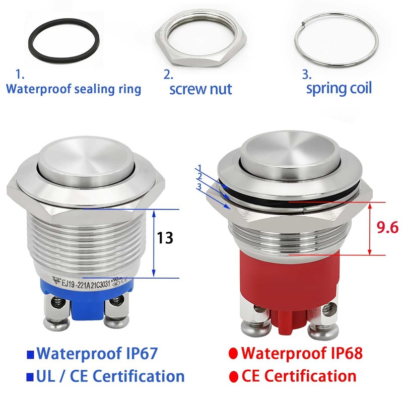 19mm Momentary Push Button Switch Waterproof IP68 5A Stainless Steel