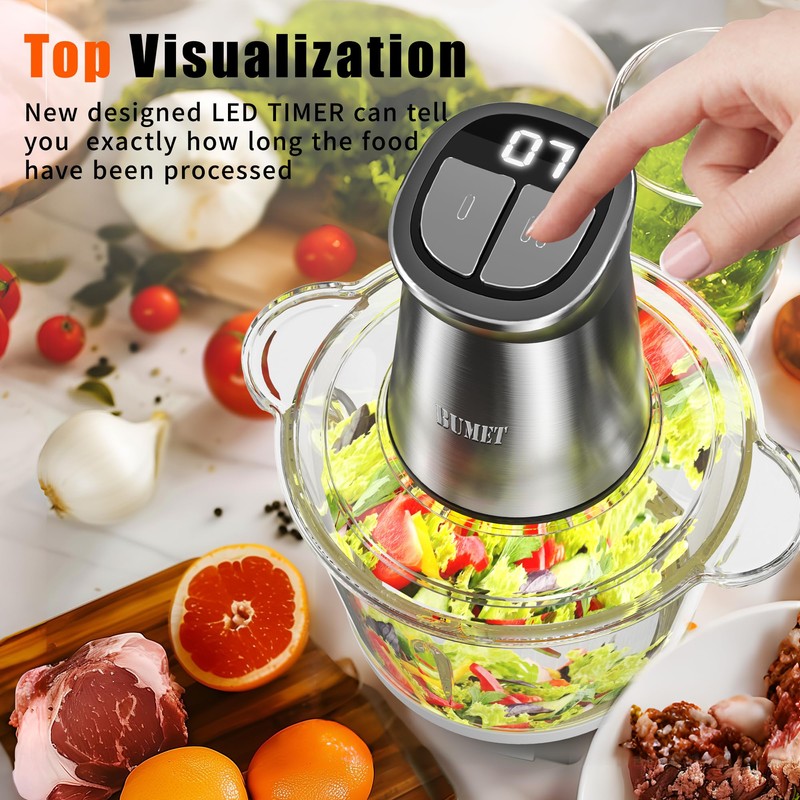 BUMET 800W 2-12cup Food Chopper LED Timer 3-Tier 6 Blades