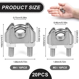 20Pcs M3 and M4 Wire Rope Clips Stainless Steel U-Bolt Cable Clamps for 4mm Diameter Ropes, Heavy Duty Fasteners for Industrial Household Transport Use