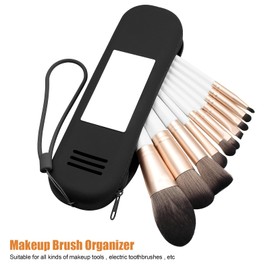 ZUKIMM Silicone Makeup Brush Bag, Travel Make Up Brush Holder with Soft Mirror & Breathable Air Holes, Portable Anti-Fall Out Zipper Closure Makeup Brush Organizer Case for Daily or Work (Black)