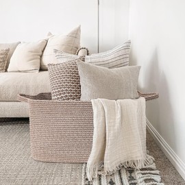 Goodpick Storage Basket, 21.6" x 14.9" x 11.8", Blanket Basket for Living Room, Large Woven Basket for Clothes, Toy Baskets for Organizing, Rectangle Rope Baskets for Storage, Brown