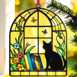 Black Cat & Book Christmas Ornament 2024, Book Lovers Gifts, Book Club Gifts, Wooden Bookshelf Ornaments, Librarian Book Lover Ornament for Men, Women