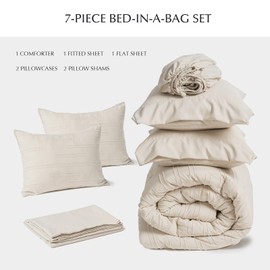 EVERGRACE Rylee Comforter Set King Size 7 Piece, Shabby Chic Tufted Comforter Set with Sheets, Lines Embroidery Bedding Set, All Season Soft Microfiber Complete Bed Set, Beige, 90"x104"
