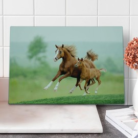 Lunarable Horse Cutting Board, Running Chestnut Horses Mare and Foal Meadow Scenic Summer Day Outdoors, Decorative Tempered Glass Cutting and Serving Board, Large Size, Pale Brown and Green