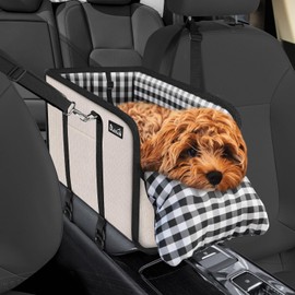 SlowTon Console Dog Car Seat - Portable Dogs Armrest Booster Seat for Small Dog, Anti-Collapse Pet Car Seat with Soft Cushion Safety Belt, Support Pet Up to 11lbs (Beige)