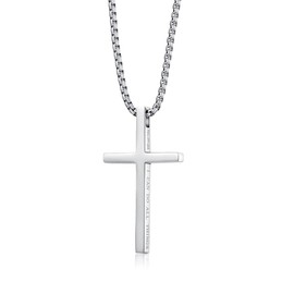 Silver Color, Stainless Steel Cross Necklace For Men - 24 Inch Philippians 4 13 Necklace, Mens Silver Cross Pendant Chain For Men w/ Plush Velvet Gift Box, Christian Necklace For Men & Boys
