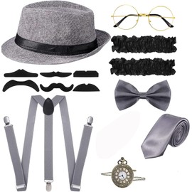 1920s Mens Gatsby Gangster Costume Accessories Set 20s Retro Gangster Costume Panama Hat Suspender Bow Tie, Grey, Large