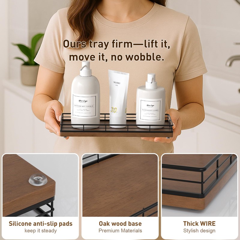 Bathroom Tray for Counter Top Organizer – Oak Wood Vanity