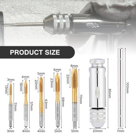 Habwea 5 Piece Tap Set, M3 M4 M5 M6 M8 HSS Thread Milling T Handle Ratchet Tap Holder Key (Tap Wrench Set Golden)