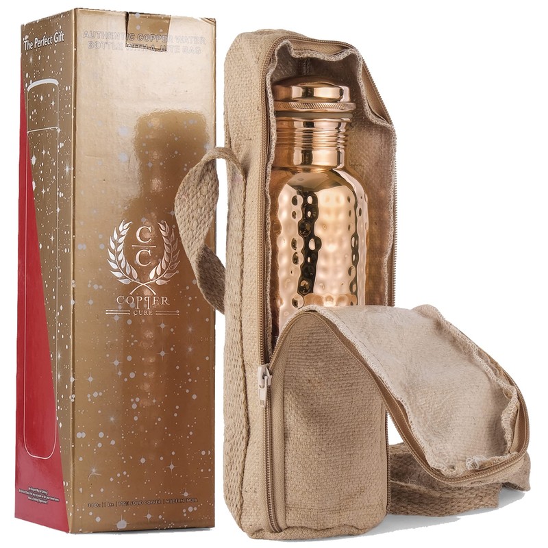 Pure Copper Water Bottle 34 Ounce with Jute Carry Bag
