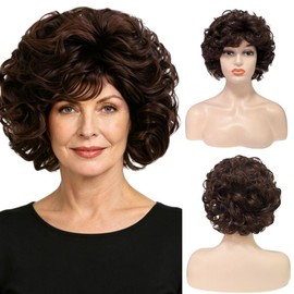 Short Brown Curly Wig for Women Dark Brown Length Shoudler Shaggy Wig with Bangs Synthtic Heat Resistant Wig for Daily Halloween Party Use (Curly Brown)