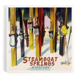 Steamboat Springs, Colorado, Colorful Skis (Absorbent Ceramic Coaster, Single, Cork Back, Kitchen Table Decor)